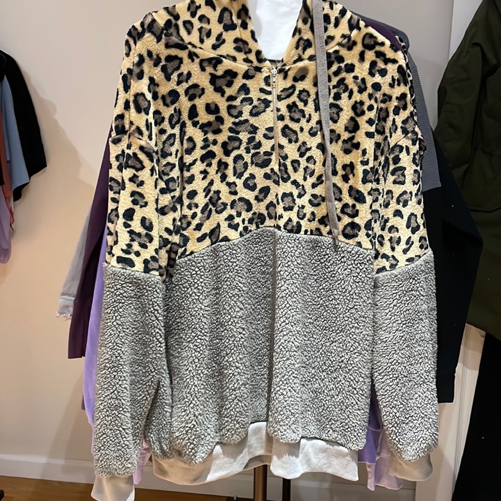 Leopard and grey fuzzy hoodie